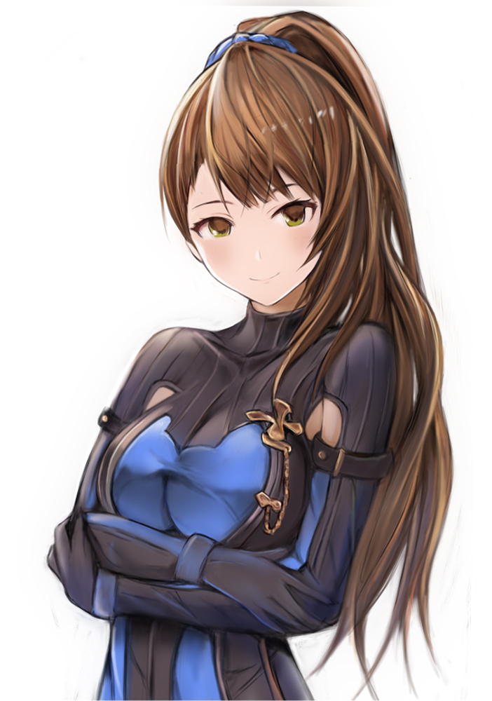 1girl armband armpit_cutout bangs beatrix_(granblue_fantasy) black_gloves blush bodysuit breasts brown_hair closed_mouth cross crossed_arms from_side gloves granblue_fantasy green_eyes hair_over_shoulder hair_tie jewelry long_hair long_sleeves looking_at_viewer nannacy7 ponytail scrunchie smile solo turtleneck white_background