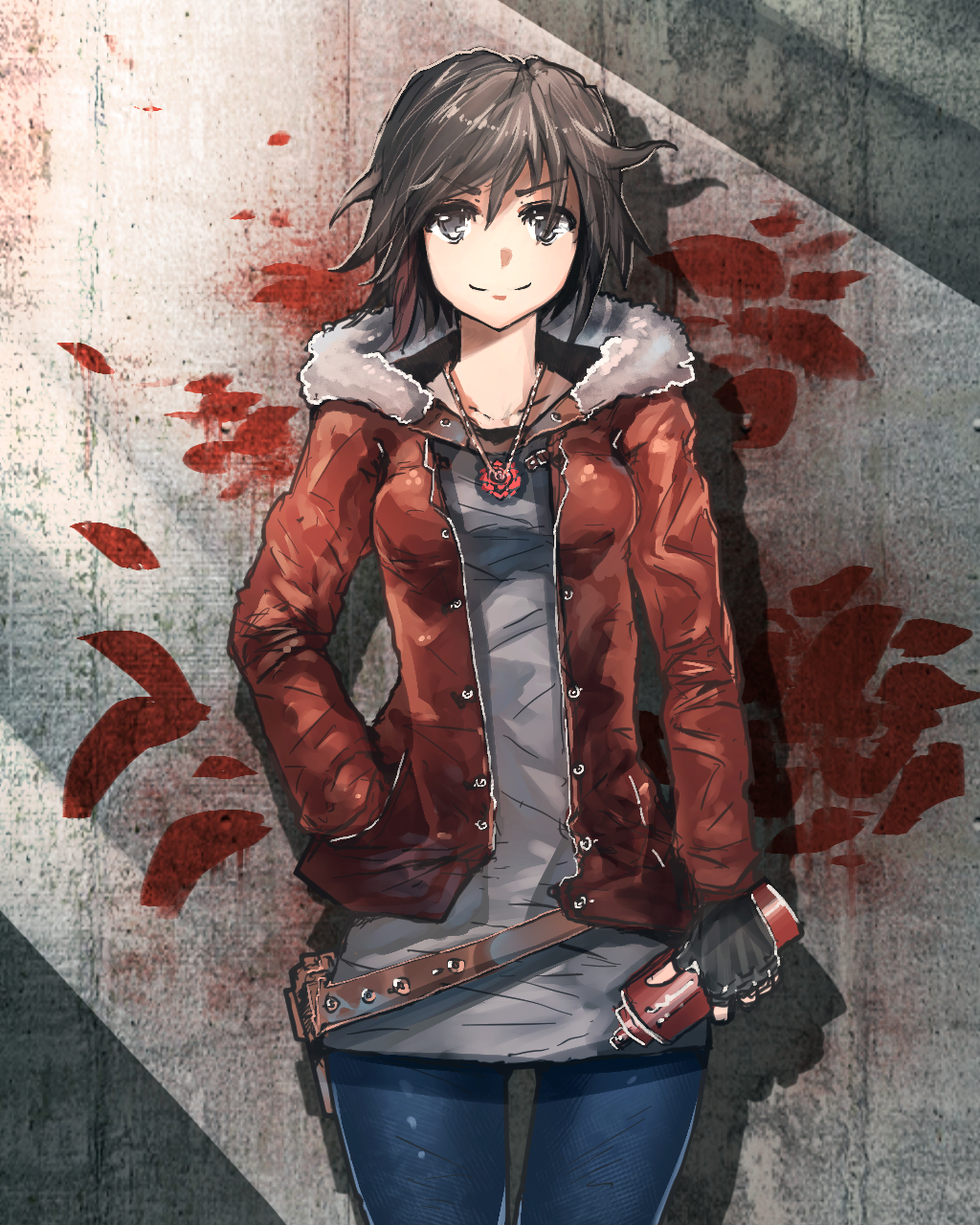 1girl alternate_costume anonamos belt black_hair brown_jacket buttons casual concrete denim eyebrows_visible_through_hair fingerless_gloves flower gloves graffiti grey_shirt hand_in_pocket highres hood hood_down jacket jeans jewelry looking_at_viewer messy_hair necklace pants rose ruby_rose rwby shadow shirt short_hair smile solo spray_can wall