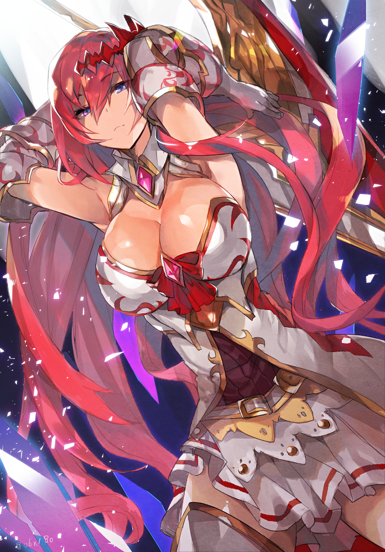 1girl armpits arms_behind_head arms_up bangs bare_shoulders blue_eyes breasts cleavage detached_collar gauntlets gloves godguard_brodia granblue_fantasy hair_between_eyes hair_ornament hyakuhachi_(over3) large_breasts long_hair looking_at_viewer redhead skirt solo thigh-highs very_long_hair