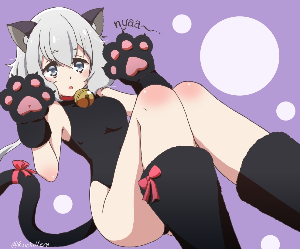 1girl animal_ears bell bell_collar bow cat_ears cat_paws cat_tail collar eriizane konno_junko leotard paws romaji_text silver_hair simple_background solo tail tail_bow zombie_land_saga