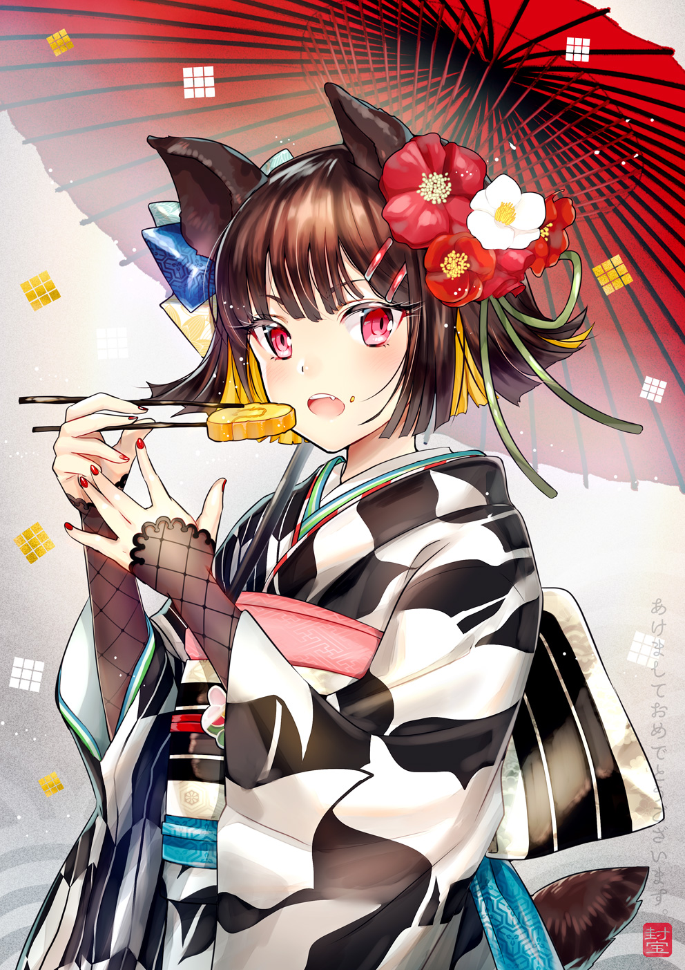 1girl :o animal_ears bangs blonde_hair blunt_bangs blush chopsticks commentary_request eating fang fingernails flower food food_on_face gradient gradient_background hair_flower hair_ornament hairclip highres holding holding_chopsticks houhou_(black_lack) long_sleeves looking_at_viewer multicolored_hair nail_polish obi open_mouth oriental_umbrella original red_eyes red_flower red_nails sash short_hair solo tail translated two-tone_hair umbrella upper_body upper_teeth white_flower wide_sleeves