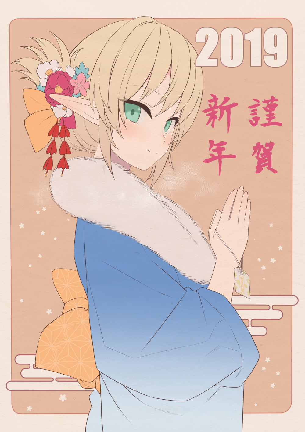 1girl 2019 aegis_(takunomi) blonde_hair blue_kimono charm_(object) closed_eyes commentary_request elf eyebrows_visible_through_hair flower from_side fur_collar green_eyes hair_flower hair_ornament hair_up hands_together highres japanese_clothes kimono looking_at_viewer new_year original pointy_ears simple_background smile solo takunomi unmoving_pattern