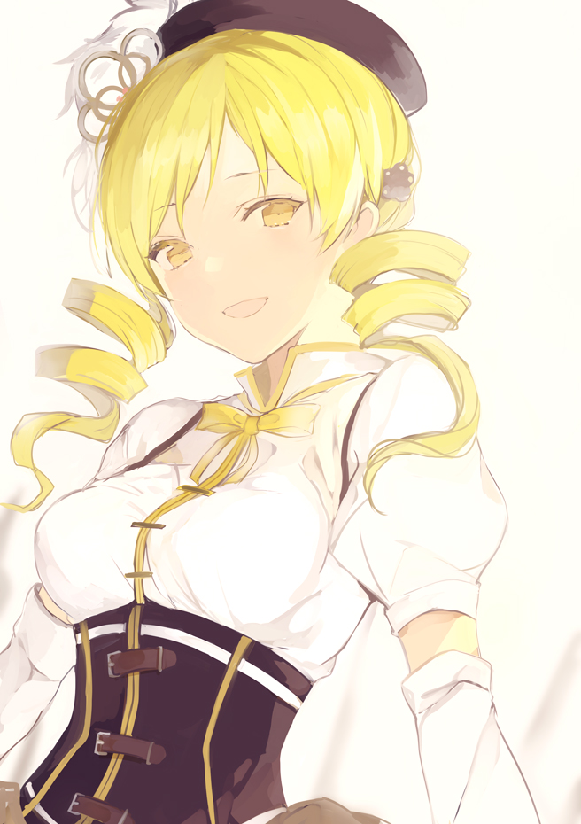 1girl :d blonde_hair breasts curly_hair happy hat large_breasts long_hair lpip magical_girl mahou_shoujo_madoka_magica open_mouth ribbon smile solo tomoe_mami twintails upper_body white_background yellow_eyes