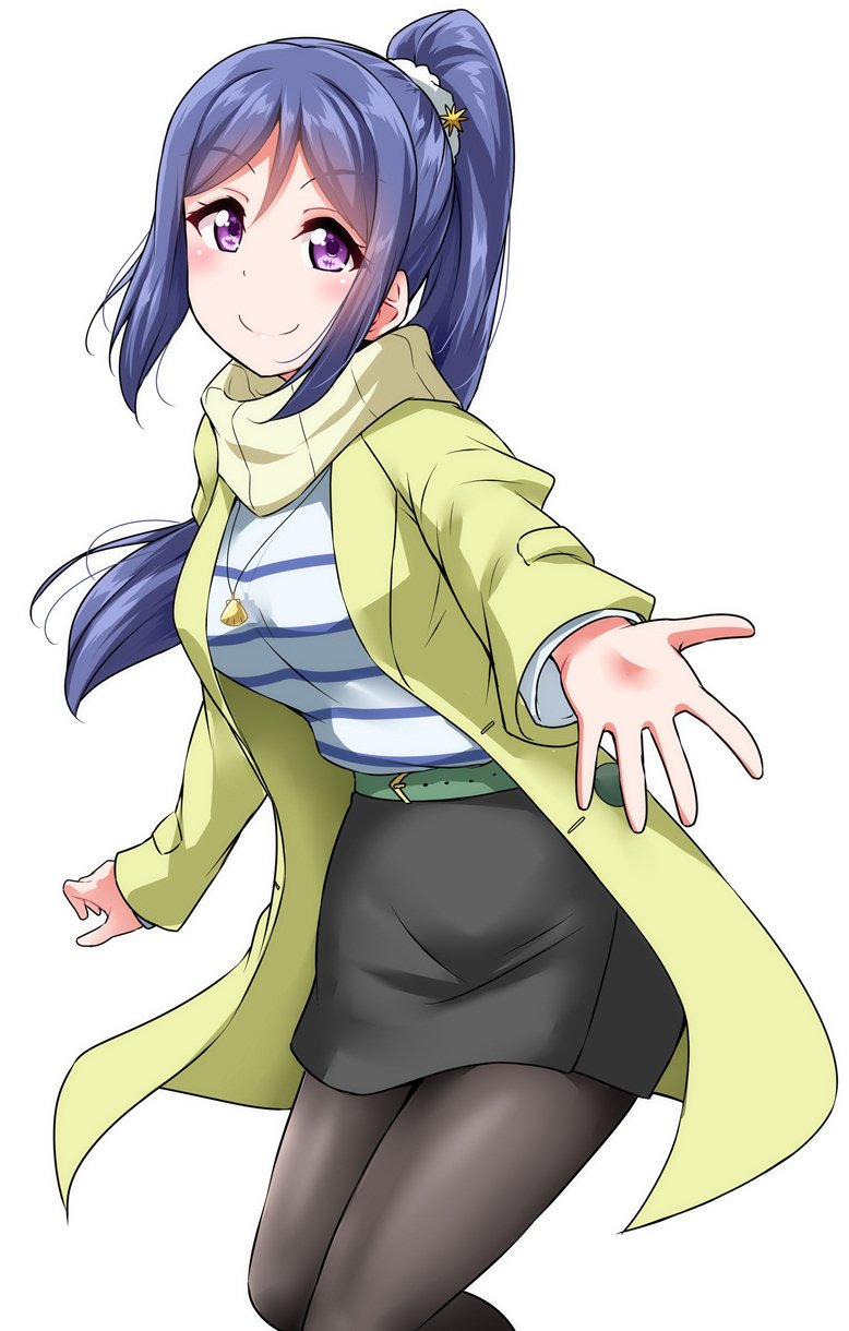 1girl belt black_legwear black_skirt blue_hair blush commentary_request hair_ornament hair_scrunchie highres jewelry long_hair long_sleeves looking_at_viewer love_live! love_live!_sunshine!! matsuura_kanan miniskirt outstretched_hand pantyhose pencil_skirt pendant ponytail scarf scrunchie shirt sidelocks simple_background skirt smile solo striped striped_shirt violet_eyes white_background white_scrunchie yellow_coat yellow_scarf yopparai_oni
