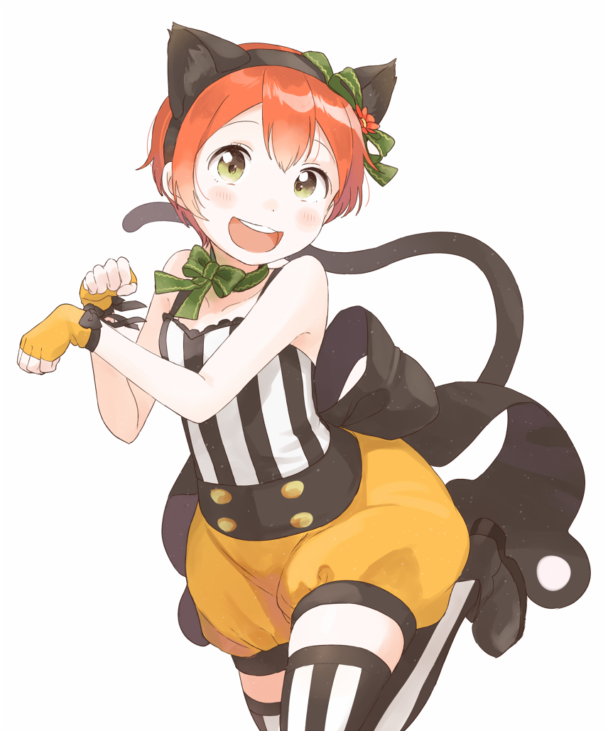 1girl :d animal_ears back_bow black_footwear black_ribbon blush bow cat_ears cat_tail choker collarbone commentary fake_animal_ears fingerless_gloves flower gloves green_eyes green_ribbon hair_flower hair_ornament hair_ribbon hoshizora_rin kana_(okitasougo222) looking_at_viewer love_live! love_live!_school_idol_festival love_live!_school_idol_project open_mouth orange_hair paw_pose puffy_shorts red_flower ribbon ribbon_choker shirt shoes short_hair shorts simple_background smile solo standing standing_on_one_leg striped striped_legwear striped_shirt tail thigh-highs vertical-striped_legwear vertical-striped_shirt vertical_stripes white_background wrist_ribbon yellow_gloves yellow_shorts