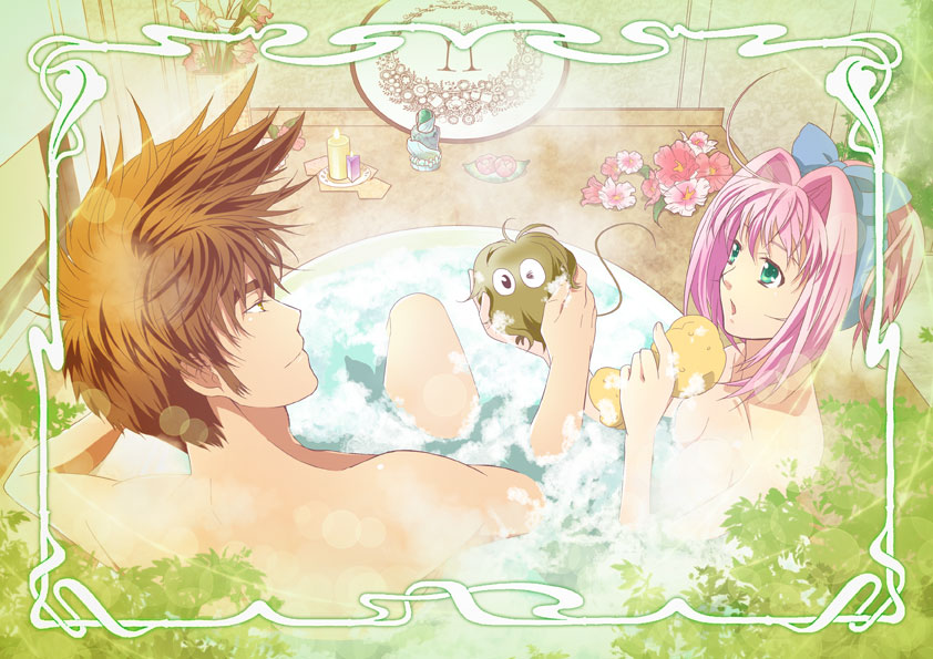 1boy 1girl bathroom blue_eyes breasts brown_eyes cleavage collarbone guvava holding indoors kutsuno lens_flare long_hair macross macross_7 mixed_bathing mylene_jenius nekki_basara nude open_mouth partially_submerged pink_hair ponytail small_breasts spiky_hair tied_hair