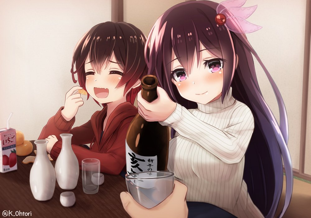 2girls alternate_costume bottle brown_hair chinese_zodiac closed_eyes closed_mouth cup drinking_glass drinking_straw eating eyebrows_visible_through_hair glass_bottle gradient_hair holding holding_bottle holding_cup hood hoodie juice kantai_collection kisaragi_(kantai_collection) long_hair multicolored_hair multiple_girls mutsuki_(kantai_collection) new_year ootori_(kyoya-ohtori) open_mouth red_hoodie redhead ribbed_sweater short_hair sweater tatami twitter_username violet_eyes white_sweater wine_bottle year_of_the_pig