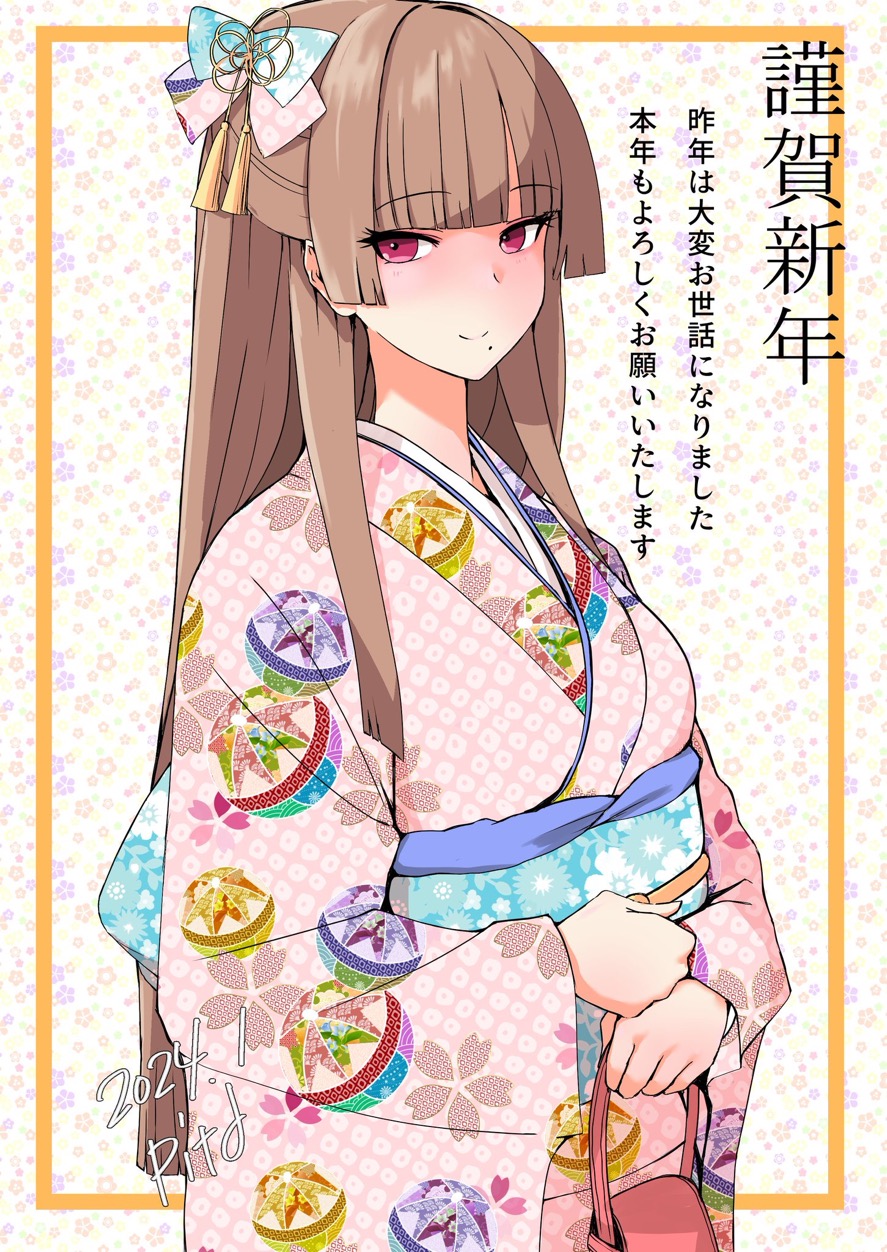 1girl artist_name azur_lane bow brown_hair closed_mouth dated floral_background floral_print gold_tassel hair_bow highres japanese_clothes kimono long_hair mole mole_under_eye p.i.t.d pink_bow pink_eyes pink_kimono smile solo swiftsure_(azur_lane) translation_request