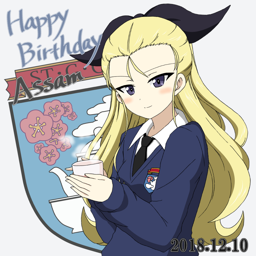 1girl assam black_neckwear black_ribbon blonde_hair blue_eyes blue_sweater character_name closed_mouth cup dated dress_shirt emblem english_text girls_und_panzer hair_pulled_back hair_ribbon happy_birthday head_tilt holding holding_cup ichinose_jun light_blush long_hair long_sleeves looking_at_viewer necktie ribbon saucer school_uniform shirt simple_background smile solo st._gloriana's_(emblem) st._gloriana's_school_uniform steam sweater teacup upper_body v-neck white_background white_shirt wing_collar