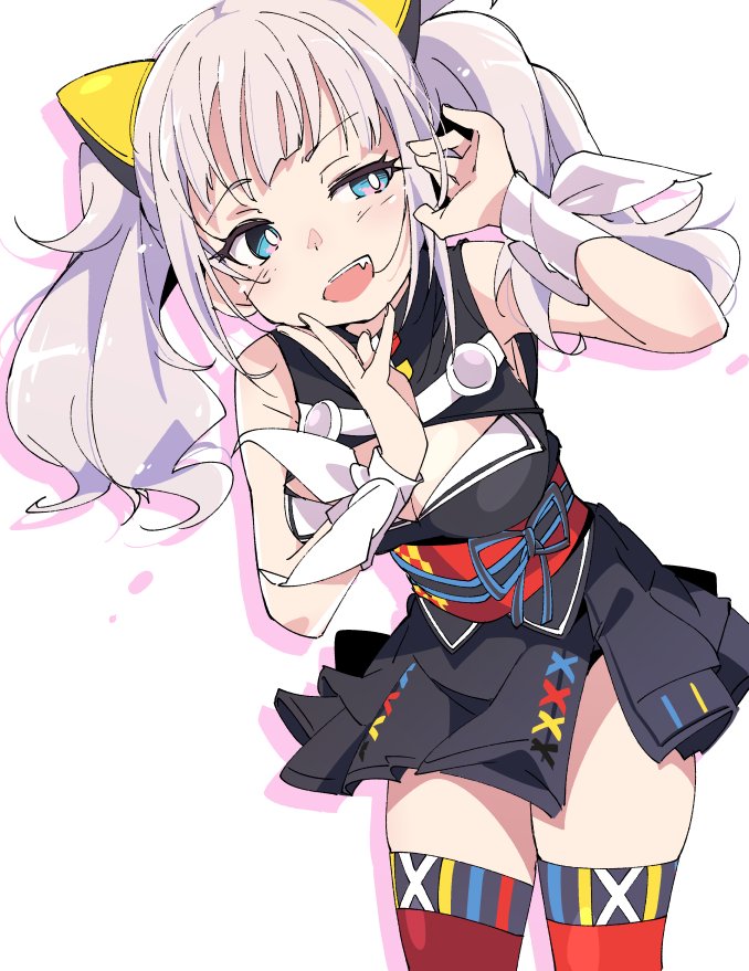 1girl black_dress blue_eyes breasts cleavage cleavage_cutout dress fang ixy kaguya_luna kaguya_luna_(character) looking_to_the_side medium_breasts obi open_mouth red_legwear ribbon sash short_hair silver_hair simple_background solo standing teeth thigh-highs twintails white_background wrist_ribbon