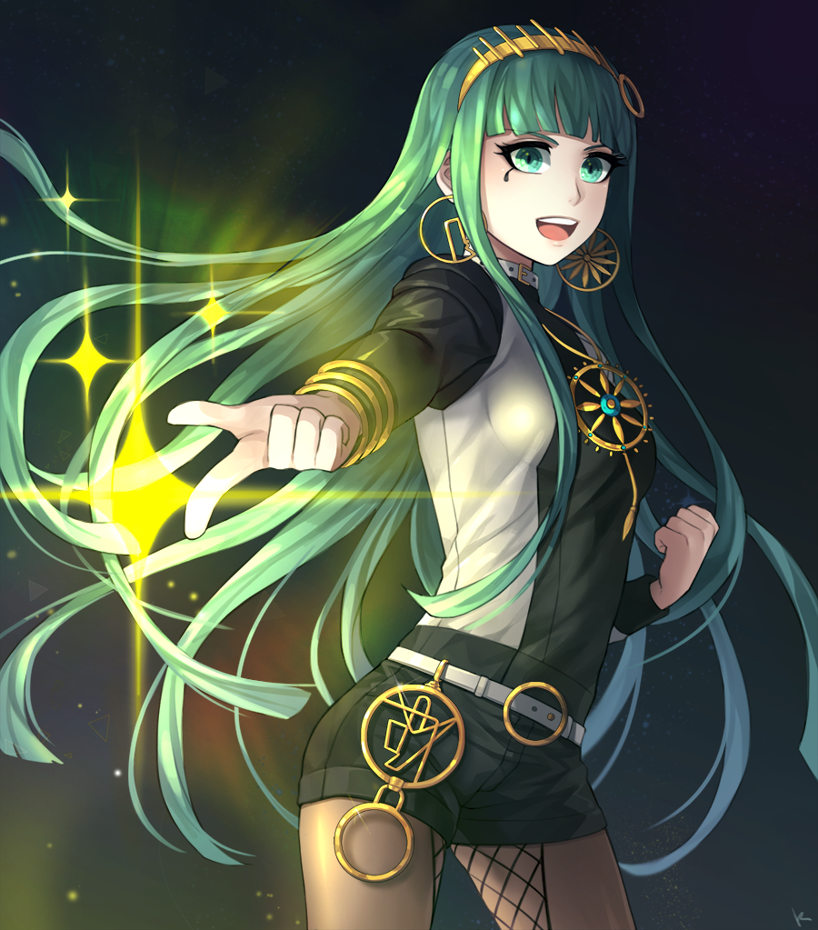 1girl :d bangs black_shorts blunt_bangs brown_legwear cleopatra_(fate/grand_order) cowboy_shot fate/grand_order fate_(series) floating_hair green_eyes green_hair hairband index_finger_raised kkkok_a long_hair long_sleeves open_mouth pantyhose short_shorts shorts smile solo standing very_long_hair yellow_hairband