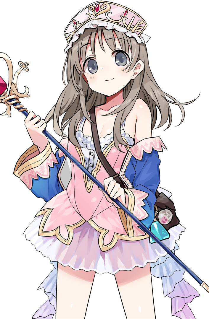 1girl atelier_(series) atelier_totori bag brown_hair closed_mouth cowboy_shot grey_eyes handbag hat holding holding_staff long_hair looking_at_viewer shisoneri simple_background skirt smile solo staff totooria_helmold white_background white_skirt