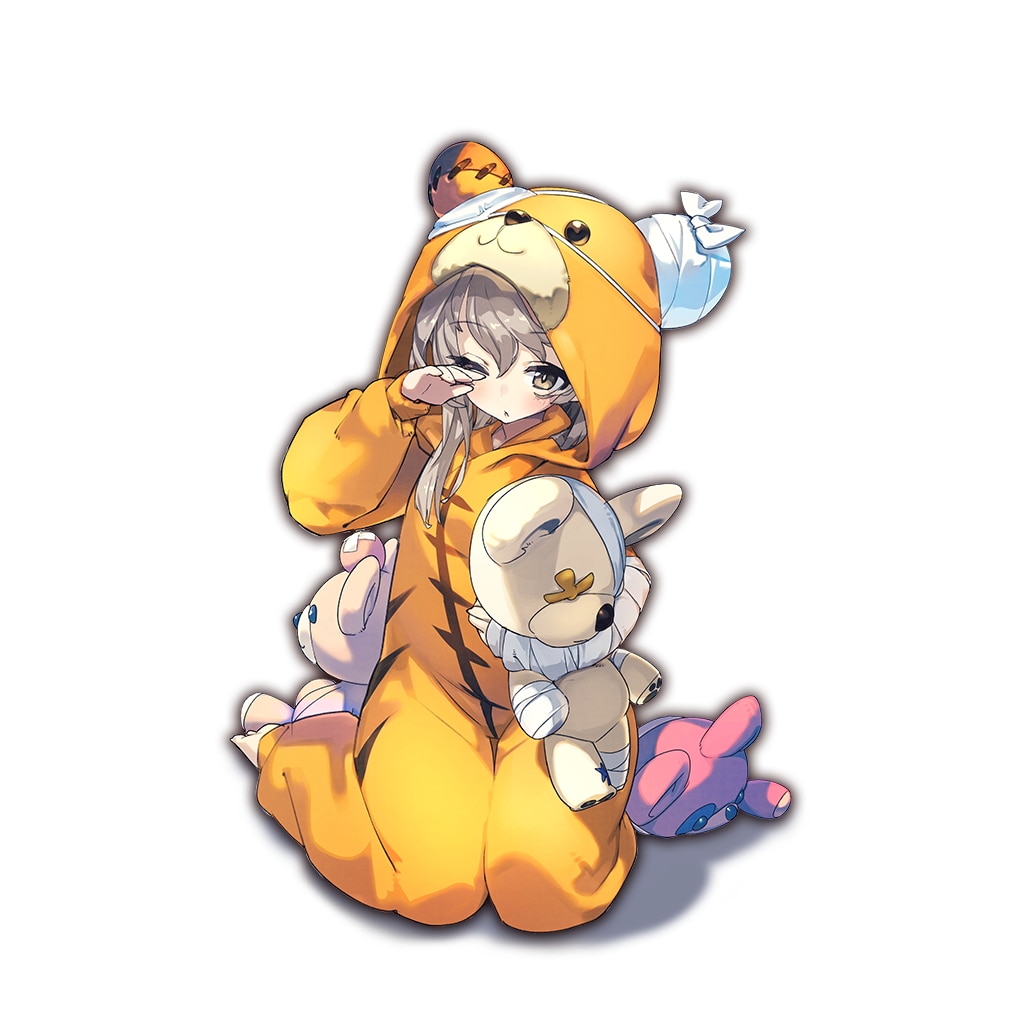 1girl animal_costume bandage bear_costume brown_eyes brown_hair hand_on_own_face holding holding_stuffed_animal hood hood_up last_period long_hair long_sleeves official_art simple_background sitting solo stuffed_animal stuffed_toy teddy_bear wariza white_background whoopin wince