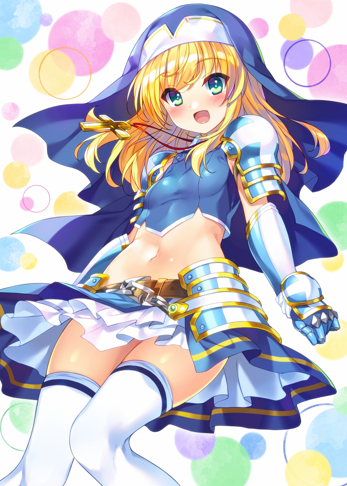 1girl :d armor arms_at_sides bangs belt belt_buckle blonde_hair blue_eyes blue_skirt blush breasts bucchake_(asami) buckle commentary_request crop_top cross cross_necklace eyebrows_visible_through_hair faulds from_below gauntlets habit jewelry layered_skirt long_hair looking_down midriff multicolored multicolored_background navel necklace nurse ootomo_sourin_(sengoku_otome) open_mouth panties pauldrons sengoku_otome skirt small_breasts smile solo stomach tareme thigh-highs underwear white_legwear