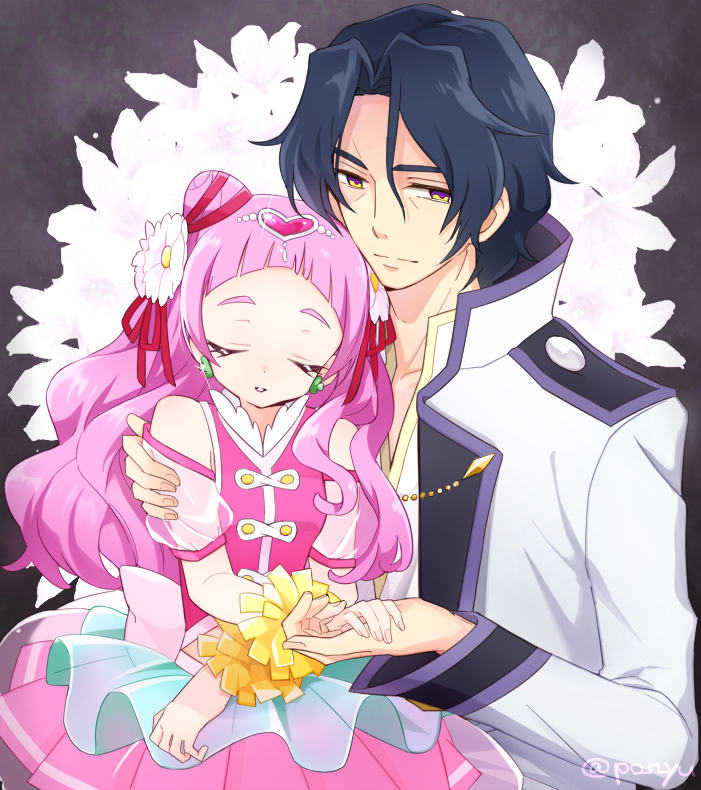 1boy 1girl bare_shoulders black_hair closed_eyes coat commentary_request cure_yell earrings floral_background flower george_kurai hair_between_eyes hair_flower hair_ornament hair_ribbon hand_holding heart heart_hair_ornament hugtto!_precure jewelry leaning_on_person lily_(flower) lipstick long_hair long_sleeves magical_girl makeup nono_hana pink_hair pink_skirt pom_poms precure ribbon see-through_sleeves shaded_face sitting sitting_on_lap sitting_on_person skirt sleeping sleeping_on_person twitter_username white_flower yellow_eyes yui_(kanatamoo)