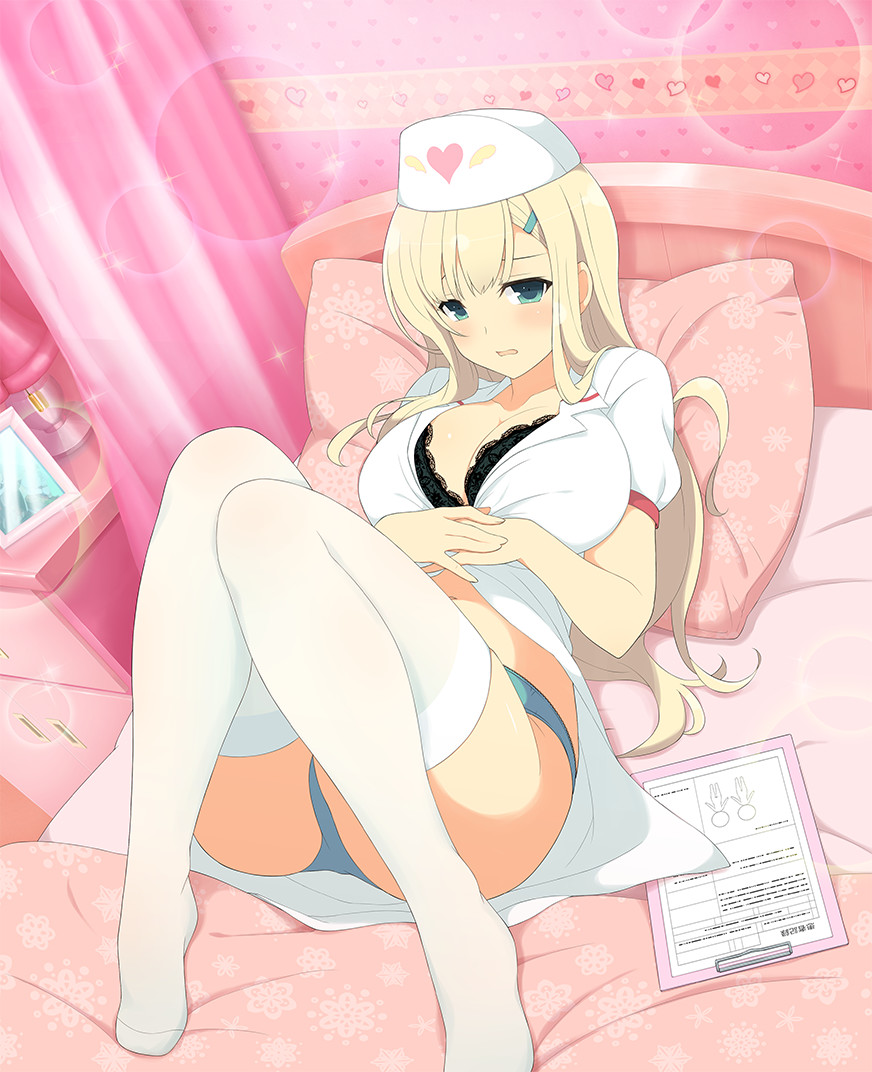 1girl aqua_eyes aqua_panties black_bra blonde_hair blush bra breasts hair_ornament hairclip hat large_breasts long_hair looking_at_viewer lying navel no_pants nurse nurse_cap official_art on_back open_clothes open_mouth panties pillow senran_kagura solo thigh-highs underwear yaegashi_nan yomi_(senran_kagura)