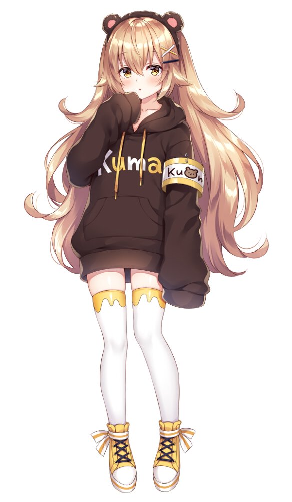 1girl :o animal_ears armband bangs bear_ears blonde_hair blush brown_eyes brown_hairband brown_hoodie clothes_writing commentary darakeguma drawstring eyebrows_visible_through_hair fake_animal_ears full_body hair_between_eyes hair_ornament hairband hairclip hand_up hood hood_down hoodie long_hair long_sleeves looking_at_viewer mitsuba_choco parted_lips romaji_text safety_pin shoes simple_background sleeves_past_fingers sleeves_past_wrists solo standing thigh-highs very_long_hair white_background white_legwear x_hair_ornament yellow_footwear yumetsuki_kokoa