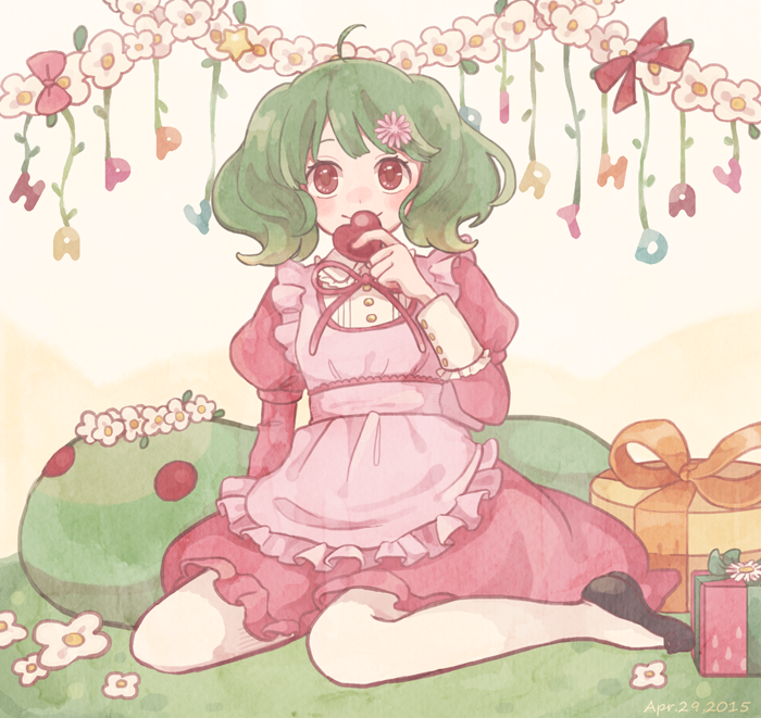 1girl ahoge alternate_costume apron dress flower gift gradient_hair hair_flower hair_ornament happy_birthday head_wreath heart lolita_fashion looking_at_viewer macross macross_frontier mikuni_(open-ranka) multicolored_hair oosanshouuo-san pink_dress puffy_sleeves ranka_lee red_eyes short_hair sitting smile solo wariza wavy_hair