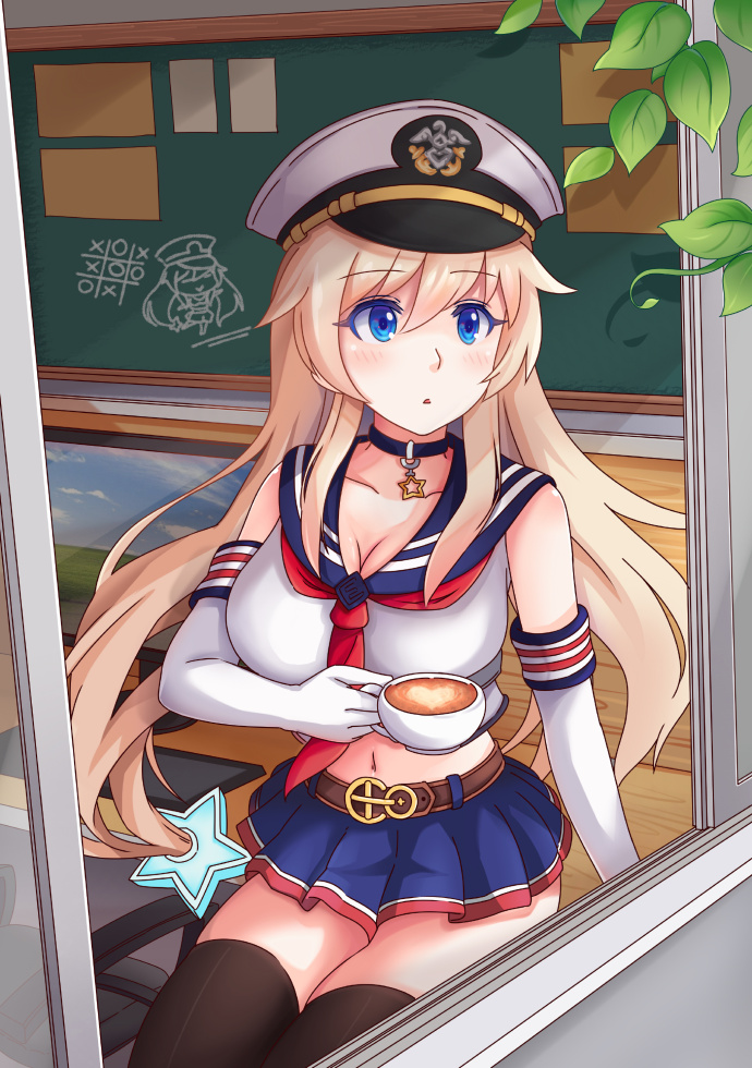 1girl belt black_legwear blonde_hair blue_eyes blush breasts brown_belt chalkboard chinese_commentary choker classroom cleavage commentary_request cup elbow_gloves enterprise_(warship_girls_r) gloves hat large_breasts long_hair low-tied_long_hair midriff miniskirt navel partial_commentary peaked_cap qq1065091829 school_uniform shirt skirt sleeveless sleeveless_shirt teacup thigh-highs warship_girls_r