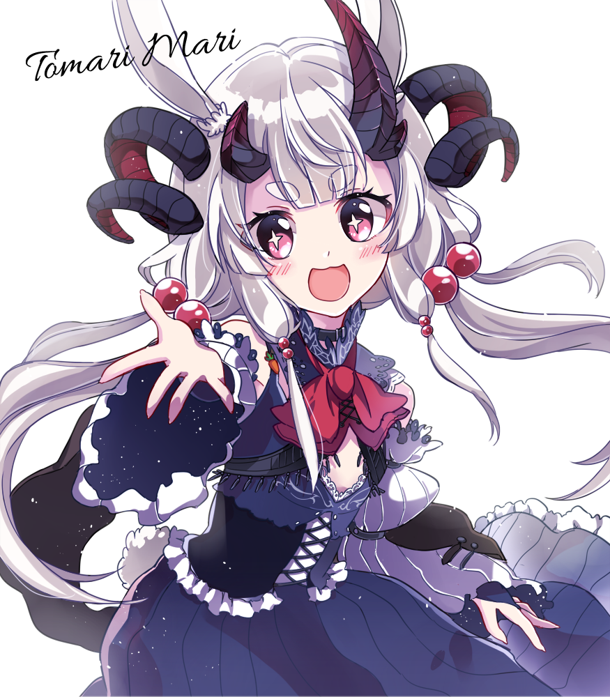 1girl animal_ears bangs black_choker blue_dress blunt_bangs blush choker corset cosplay cowboy_shot curled_horns demon_horns detached_sleeves dress flat_chest hair_between_eyes horns long_hair looking_at_viewer magrona magrona_(cosplay) magrona_channel milluun open_mouth outstretched_hand pink_eyes rabbit_ears short_eyebrows smile solo star star-shaped_pupils symbol-shaped_pupils thick_eyebrows tomari_mari tomari_mari_channel virtual_youtuber white_hair