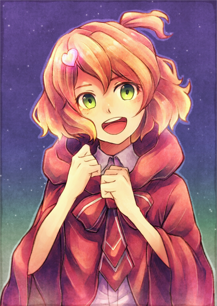 1girl ;d aokidoufu blonde_hair coat dress_shirt freyja_wion green_eyes hair_between_eyes hair_ornament head_tilt heart heart_hair_ornament hooded_coat lavalliere looking_at_viewer macross macross_delta one_eye_closed one_side_up open_mouth red_coat red_neckwear shirt short_hair sky smile solo star_(sky) starry_sky upper_body white_shirt