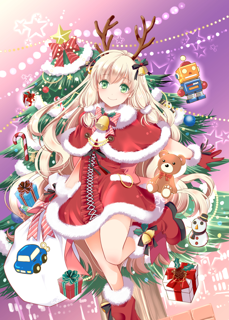 1girl antlers bag bell black_ribbon boots capelet christmas_tree dress eyebrows_visible_through_hair floating_hair fur-trimmed_boots fur-trimmed_capelet fur-trimmed_dress fur-trimmed_gloves fur_trim gift_bag gloves green_eyes holding holding_bag long_hair looking_at_viewer original outstretched_arm red_capelet red_dress red_footwear red_gloves reindeer_antlers ribbon santa_boots santa_costume santa_gloves short_dress silver_hair smile solo standing standing_on_one_leg tinkle2013 very_long_hair