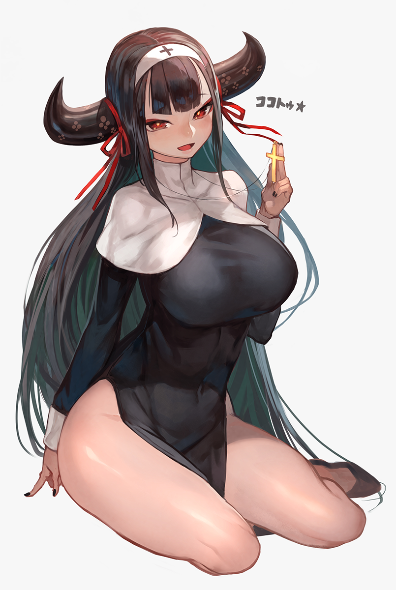 1girl bangs black_hair black_nails breasts commentary_request cow_horns cross eyeshadow habit highres horn_ribbon horns lack large_breasts latin_cross long_hair looking_at_viewer makeup nail_polish official_art open_mouth re:act red_eyes ribbon simple_background sitting solo ushio_tia very_long_hair virtual_youtuber yokozuwari