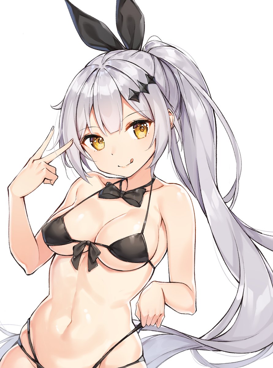1girl :q bangs bare_shoulders bikini black_bikini black_bow black_neckwear black_ribbon bow bowtie breasts cleavage collarbone commentary eyebrows_visible_through_hair five-seven_(girls_frontline) girls_frontline hair_ribbon head_tilt highres long_hair looking_at_viewer medium_breasts multi-strapped_bikini navel ribbon rikoma side_ponytail silver_hair simple_background skindentation solo stomach string_bikini swimsuit tongue tongue_out under_boob upper_body v very_long_hair white_background yellow_eyes