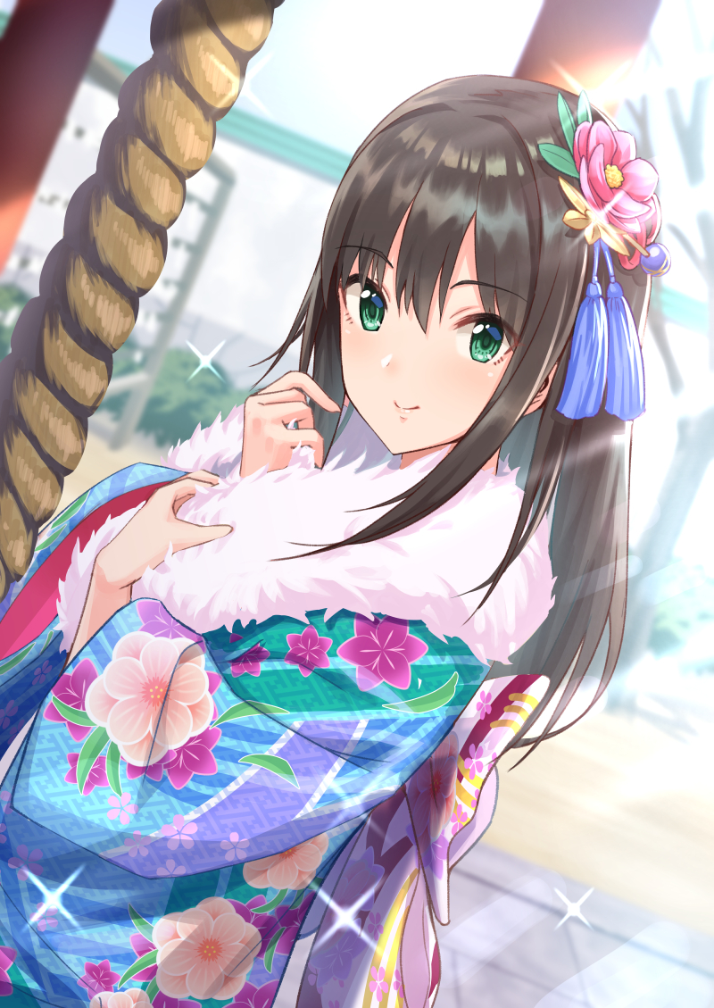 1girl back_bow bangs black_hair blue_kimono blurry blurry_background blush bow closed_mouth commentary_request day depth_of_field dutch_angle eyebrows_visible_through_hair floral_print flower fur green_eyes hair_flower hair_ornament hands_up idolmaster idolmaster_cinderella_girls japanese_clothes kimono long_hair long_sleeves outdoors pink_flower print_kimono rope shibuya_rin sidelocks smile solo tamakaga tassel upper_body wide_sleeves