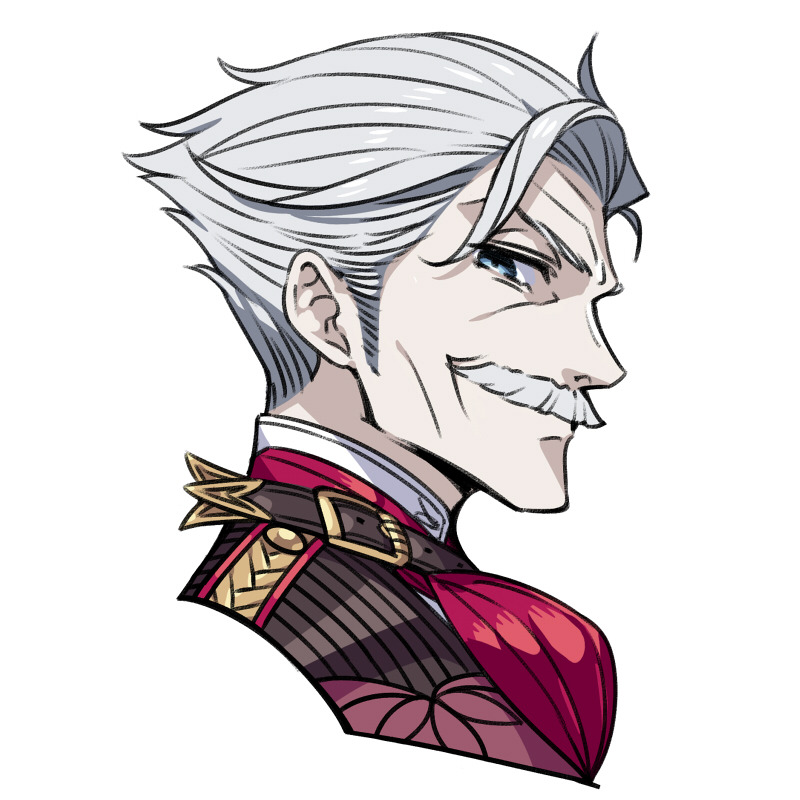 1boy blue_eyes chan_co closed_mouth commentary_request facial_hair fate/grand_order fate_(series) from_side grey_hair james_moriarty_(fate/grand_order) looking_at_viewer looking_to_the_side male_focus mustache portrait simple_background smile solo white_background