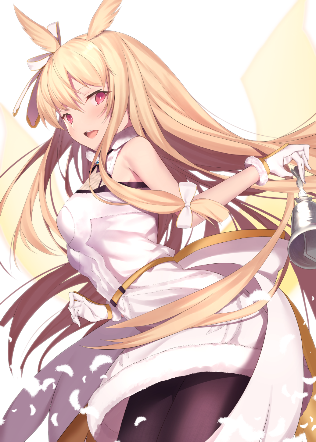 1girl :d bell black_legwear blonde_hair blush commentary_request dress fate/grand_order fate_(series) feathers fur-trimmed_dress gloves hair_ribbon head_wings highres holding_bell long_hair looking_at_viewer maosame open_mouth red_eyes ribbon ring_the_bell sleeveless sleeveless_dress smile solo thigh-highs thrud_(fate/grand_order) valkyrie_(fate/grand_order) very_long_hair white_dress white_feathers white_gloves white_ribbon