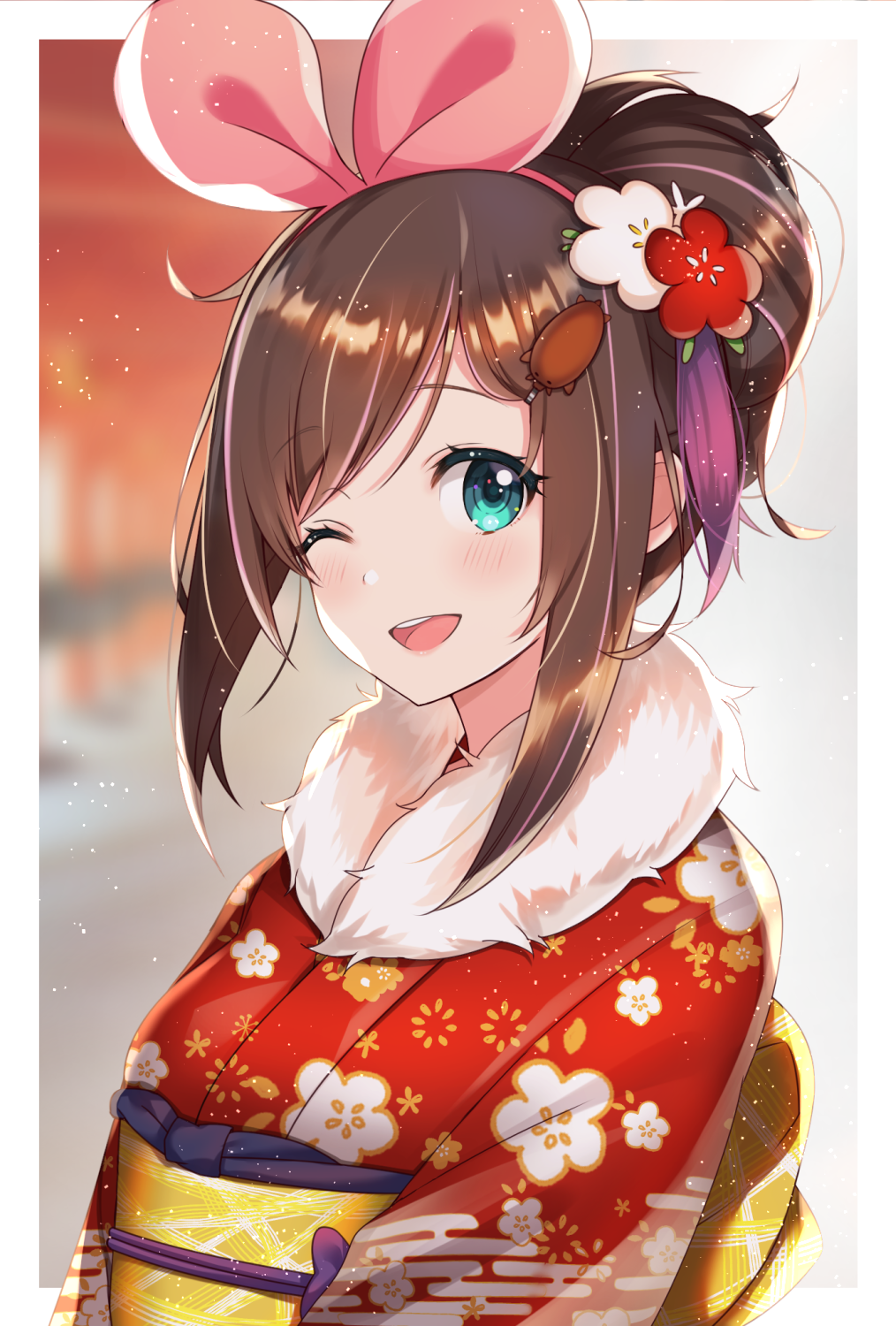 1girl a.i._channel bow brown_hair floral_print flower green_eyes hair_bow hair_flower hair_ornament hairband happy_new_year highres japanese_clothes kimono kizuna_ai neginoki new_year obi one_eye_closed open_mouth ponytail sash smile solo virtual_youtuber