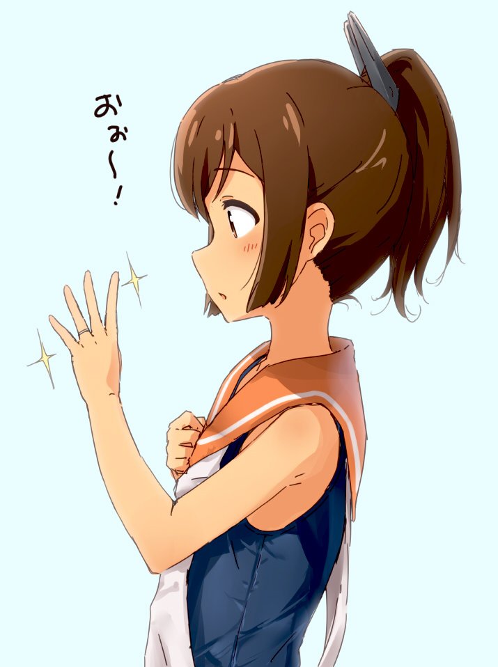 1girl bangs blue_background blue_swimsuit blush brown_eyes brown_hair clenched_hand from_side hair_ornament hand_on_own_chest hand_up i-401_(kantai_collection) jewelry kantai_collection looking_at_hand one-piece_swimsuit open_mouth orange_sailor_collar ponytail ring sailor_collar school_swimsuit sidelocks simple_background solo sparkle suke_(momijigari) swimsuit swimsuit_under_clothes tan translated upper_body wedding_band