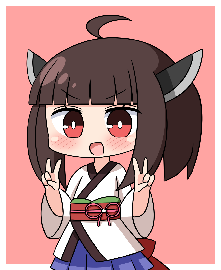 1girl :d bangs blue_skirt blunt_bangs blush brown_background brown_hair commentary_request double_v eyebrows_visible_through_hair hana_kazari hands_up headgear japanese_clothes kimono long_sleeves looking_at_viewer obi open_mouth pleated_skirt red_eyes sash short_kimono skirt smile solo touhoku_kiritan two-tone_background v v-shaped_eyebrows voiceroid white_background white_kimono wide_sleeves