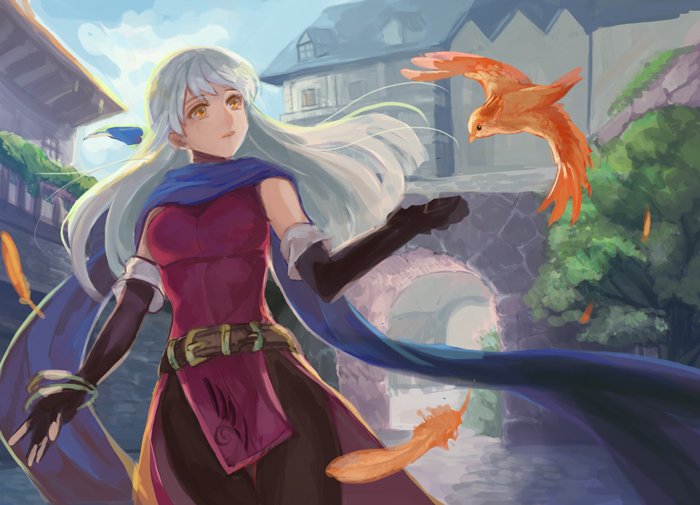 1girl bangle bare_shoulders belt bird black_gloves black_legwear blue_scarf bracelet bridge dress elbow_gloves fingerless_gloves fire_emblem fire_emblem:_akatsuki_no_megami gloves hair_ribbon half_updo house jewelry kokouno_oyazi long_hair looking_away micaiah nintendo orange_feathers outdoors ribbon scarf side_slit silver_hair sleeveless sleeveless_dress solo town tree yellow_eyes yune