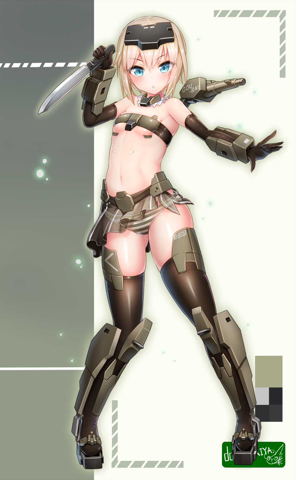 1girl armor bandeau bare_shoulders black_gloves black_legwear blonde_hair blue_eyes blush breasts doyouwantto elbow_gloves eyebrows_visible_through_hair frame_arms_girl full_body gloves gourai headgear highres knife looking_at_viewer mecha_musume navel panties reverse_grip shiny shiny_hair shiny_skin short_hair skirt small_breasts solo standing striped striped_panties thigh-highs underwear
