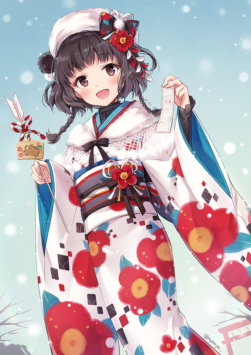 1girl :d arrow bangs bell blue_sky blush brown_eyes brown_hair commentary_request day dutch_angle ema eyebrows_visible_through_hair floral_print flower fur_collar fur_hat hair_bun hair_flower hair_ornament hamaya hat holding holding_arrow japanese_clothes jingle_bell kimono long_sleeves nyanya obi omikuji open_mouth original outdoors print_kimono red_flower sash side_bun sky smile snowing solo torii twitter_username white_hat white_kimono wide_sleeves