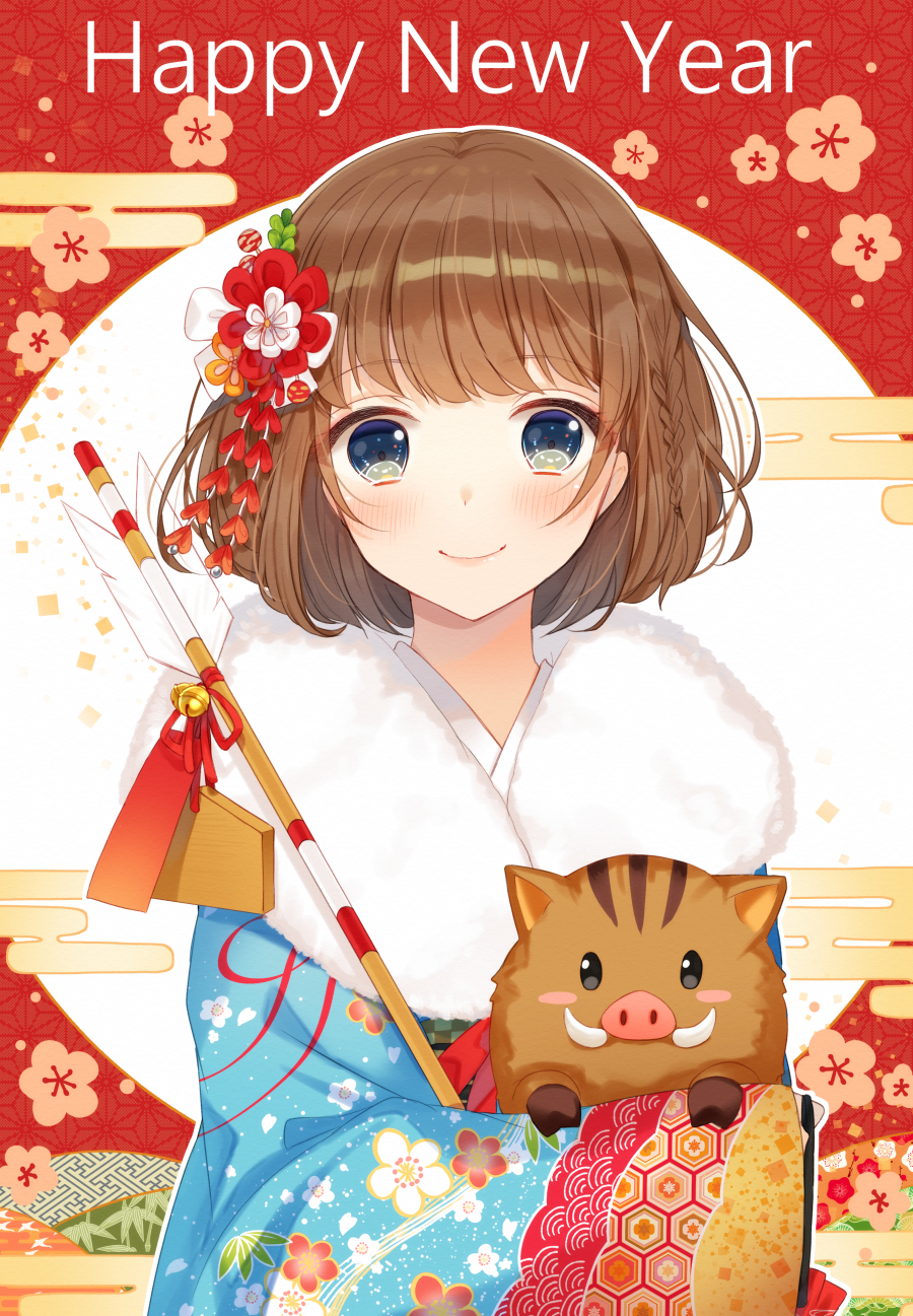 1girl animal arrow bell black_eyes blue_eyes blue_kimono blush blush_stickers boar braid brown_hair chinese_zodiac closed_mouth commentary_request egasumi ema floral_print flower fur hair_flower hair_ornament hamaya happy_new_year highres hiiragi_souren holding holding_animal japanese_clothes jingle_bell kimono long_sleeves looking_at_viewer new_year original print_kimono red_flower red_ribbon ribbon short_hair single_braid smile solo tareme upper_body wide_sleeves year_of_the_pig