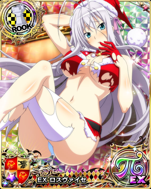 1girl antenna_hair aqua_eyes bell belt blush breasts card_(medium) character_name chess_piece christmas crop_top fur_trim gloves hair_ribbon hat high_school_dxd high_school_dxd_pi large_breasts long_hair looking_at_viewer midriff navel official_art panties pantyshot parted_lips red_gloves ribbon rook_(chess) rossweisse sack santa_costume santa_hat silver_hair single_thighhigh sitting skirt solo thigh-highs torn_clothes trading_card underwear very_long_hair white_legwear