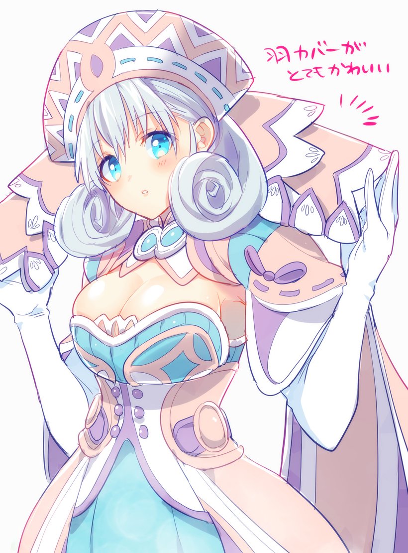 1girl blue_eyes blush breasts cape curly_hair elbow_gloves gloves hat head_wings himono_xeno medium_breasts melia nintendo silver_hair solo thigh-highs xenoblade_(series) xenoblade_1