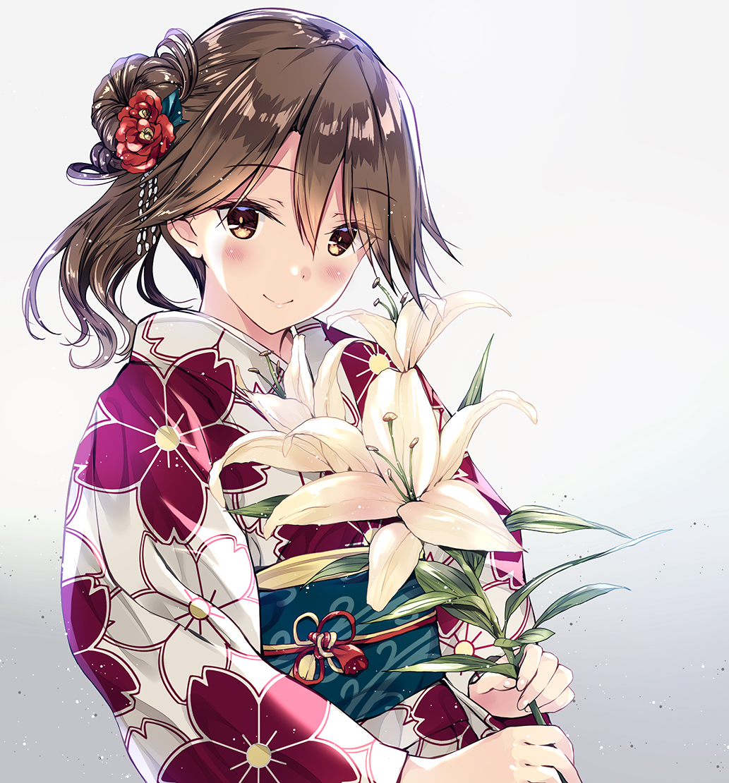 1girl arashio_(kantai_collection) bangs blush brown_eyes brown_hair closed_mouth commentary_request eyebrows_visible_through_hair floral_print flower hair_between_eyes hair_bun hair_flower hair_ornament happy_new_year holding holding_flower japanese_clothes kantai_collection kanzashi kimono kobayashi_chisato looking_at_viewer new_year obi print_kimono red_flower sash short_hair side_bun smile solo upper_body white_flower white_kimono