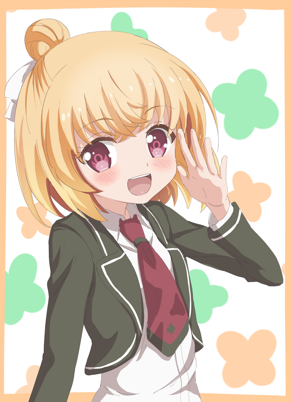 1girl :d anne_happy blonde_hair blush commentary hair_bun hanakoizumi_an highres looking_at_viewer open_mouth patterned_background pink_eyes school_uniform smile solo trg-_(sain)