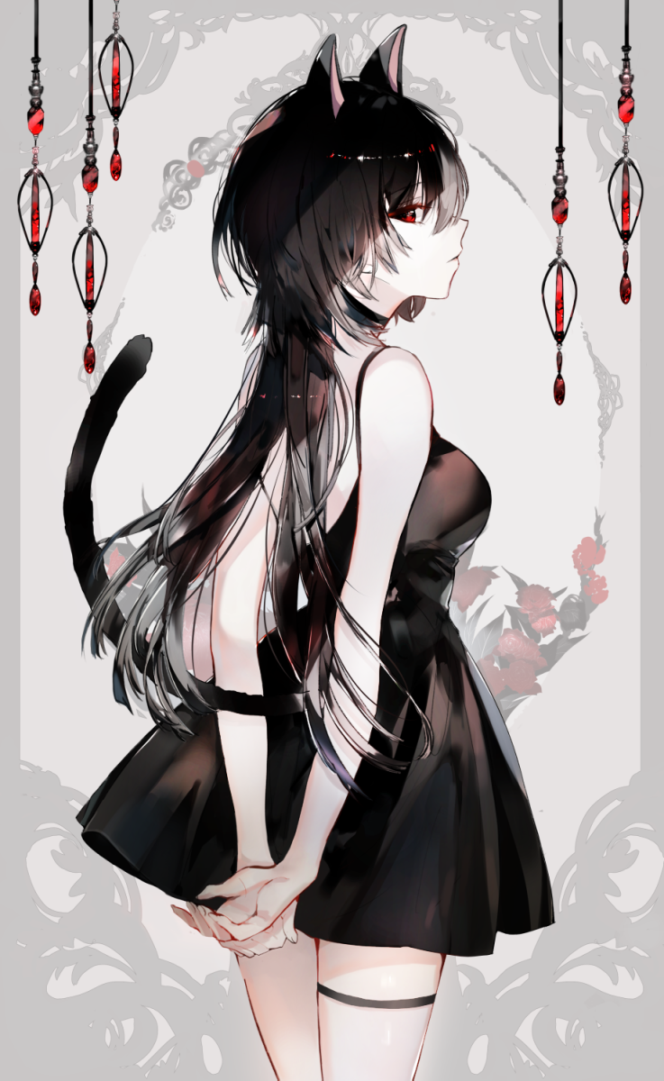 1girl animal_ears arms_behind_back bangs bare_arms bare_shoulders black_choker black_dress black_hair breasts cat_ears cat_tail choker closed_mouth cowboy_shot dress expressionless eyebrows_visible_through_hair frame grey_background highres long_hair looking_at_viewer looking_back medium_breasts naru_(ul) original profile red_eyes sleeveless sleeveless_dress solo standing tail thigh_strap thighs