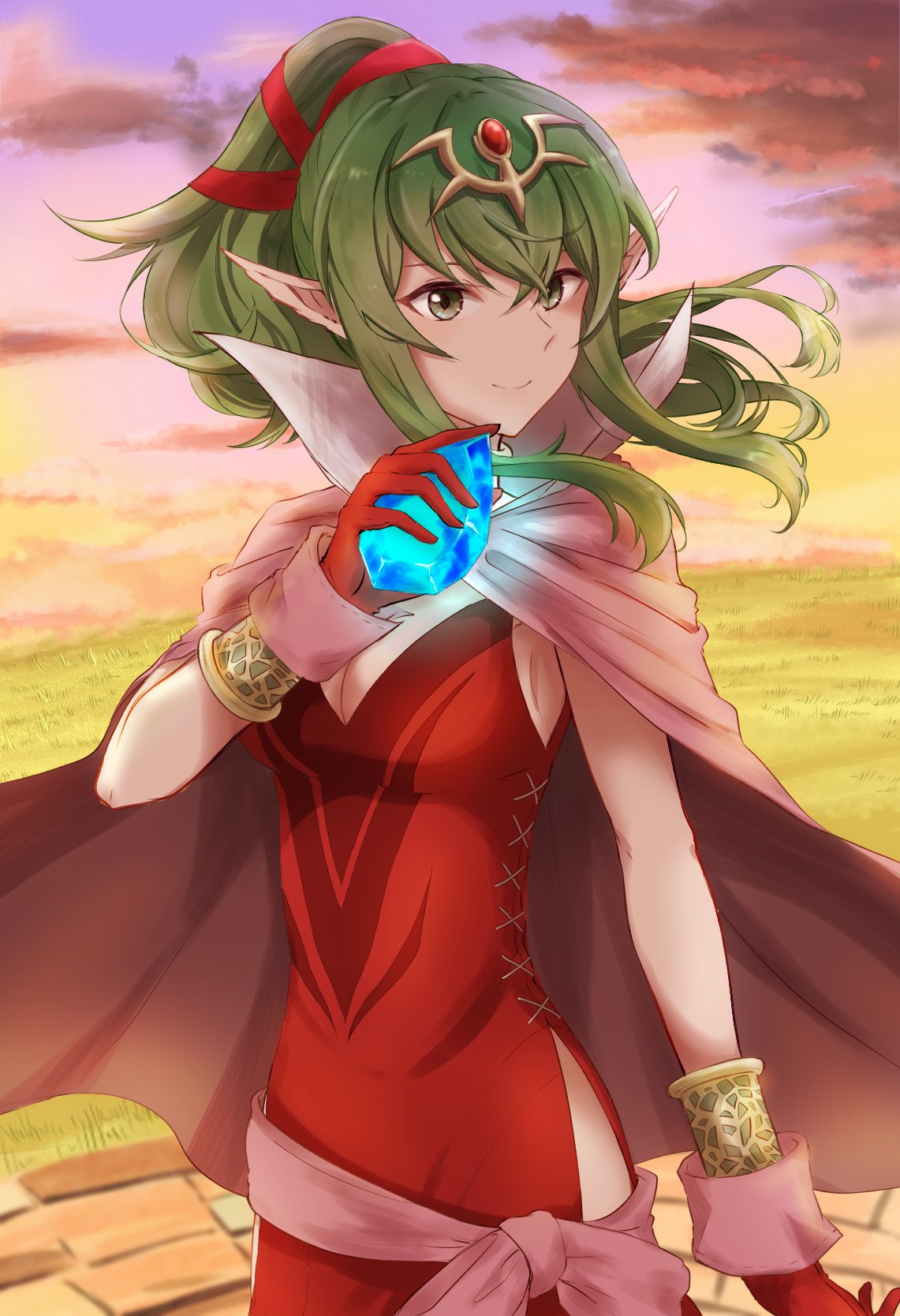 1girl breasts cape chiki cleavage closed_mouth clouds doku_ringo36 dragon_girl dress fire_emblem fire_emblem:_kakusei fire_emblem:_mystery_of_the_emblem gloves grass green_eyes green_hair hair_ribbon highres intelligent_systems long_hair mamkute medium_breasts nintendo outdoors pointy_ears ponytail red_dress red_gloves ribbon sky smile solo teenage tiara