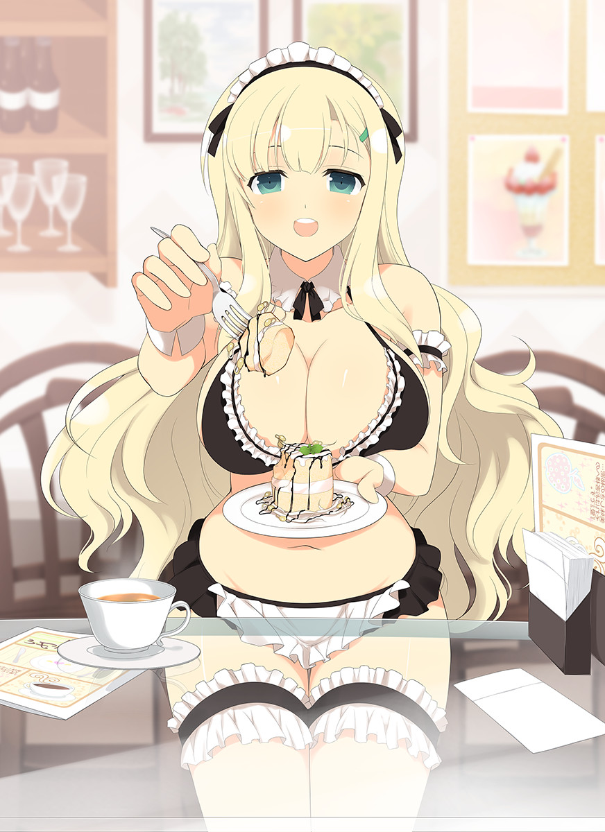 1girl aqua_eyes blonde_hair breasts cake cleavage cup drink food fork hair_ornament hairclip highres large_breasts long_hair looking_at_viewer maid_bikini maid_headdress midriff navel official_art open_mouth pov_across_table senran_kagura skirt solo tea teacup yaegashi_nan yomi_(senran_kagura)