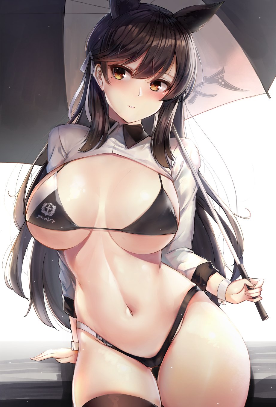 1girl 2019 alternate_costume animal_ears arm_support atago_(azur_lane) azur_lane bangs bikini black_bikini black_hair black_legwear blush breasts brown_eyes cleavage closed_mouth curvy extra_ears eyebrows_visible_through_hair gluteal_fold grey_background hair_ribbon highleg highleg_bikini highres holding holding_umbrella jacket large_breasts leaning logo long_hair looking_at_viewer mole mole_under_eye motokonut navel parted_lips racequeen ribbon shrug_(clothing) sidelocks simple_background skindentation sleeve_cuffs solo swept_bangs swimsuit thigh-highs thighs umbrella white_ribbon wrist_cuffs