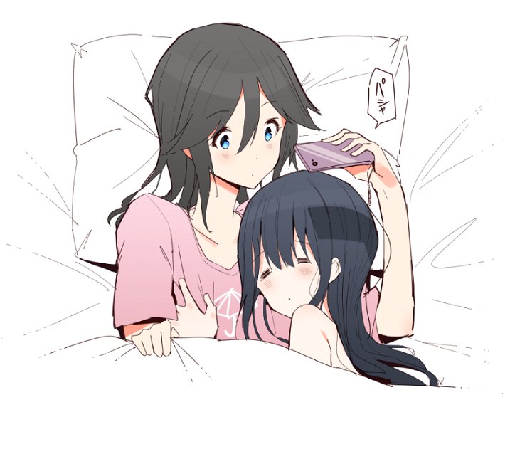 2girls 3d6eda =_= bangs bed black_hair blanket blue_eyes blue_hair blush breast_grab cellphone commentary cuddling from_above grabbing hair_between_eyes hair_down hibike!_euphonium kasaki_nozomi liz_to_aoi_tori long_hair multiple_girls naked_sheet partially_colored phone pillow shadow shirt sketch sleeping smartphone speech_bubble t-shirt taking_picture umbrella under_covers yoroizuka_mizore yuri