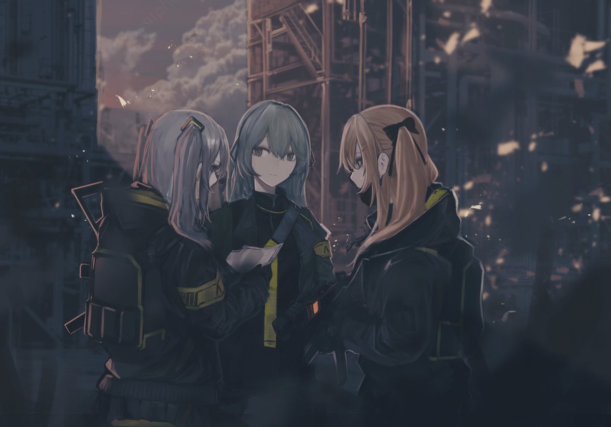 3girls armband brown_hair building commentary_request factory girls_frontline grey_hair gun h&amp;k_ump hair_ribbon heckler_&amp;_koch jacket multiple_girls nurim ribbon siblings silver_hair sisters smog submachine_gun twins twintails ump40_(girls_frontline) ump45_(girls_frontline) ump9_(girls_frontline) weapon