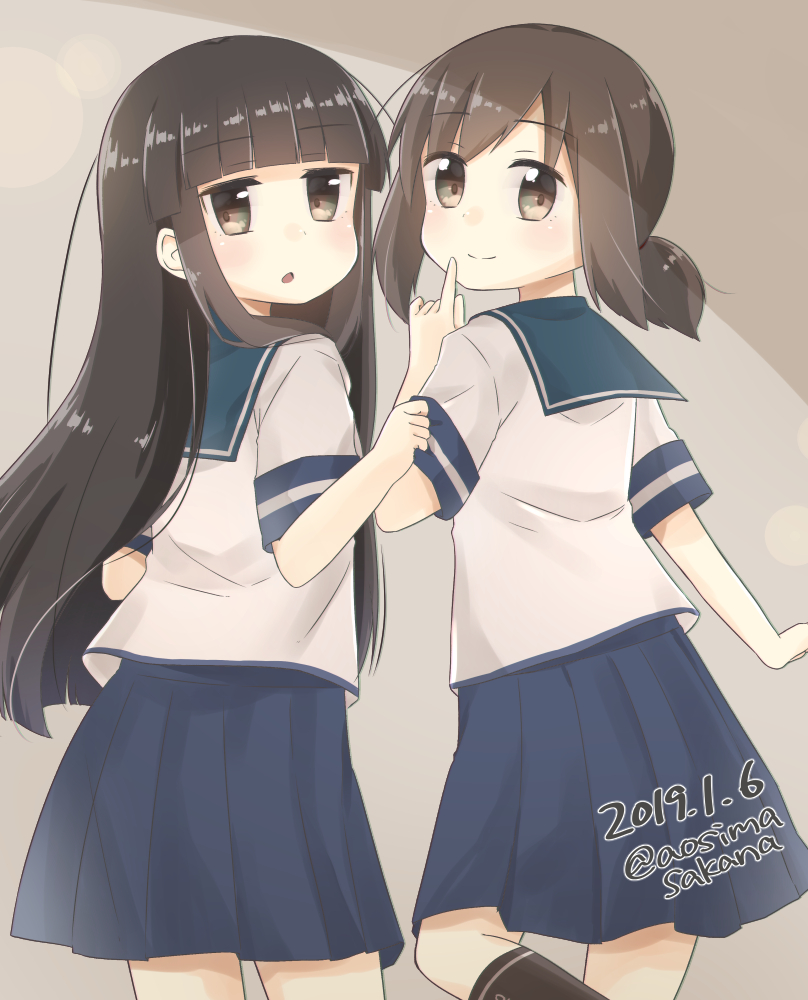 2girls aoshima_sakana bangs black_hair blue_sailor_collar blue_skirt blunt_bangs brown_eyes cowboy_shot dated from_behind fubuki_(kantai_collection) hatsuyuki_(kantai_collection) kantai_collection long_hair looking_at_viewer looking_back low_ponytail multiple_girls pleated_skirt ponytail sailor_collar school_uniform serafuku short_ponytail sidelocks skirt twitter_username