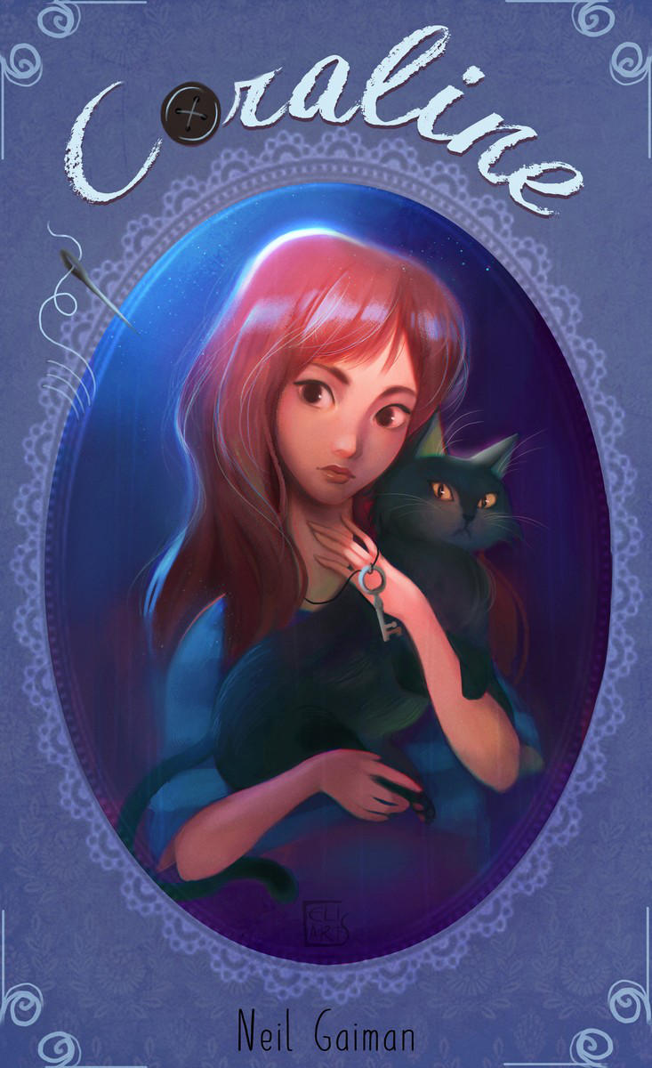 1girl 2girls artist_name buttons cat celiarts copyright_name coraline coraline_jones highres holding holding_cat key key_necklace long_hair looking_to_the_side multiple_girls needle redhead solo thread